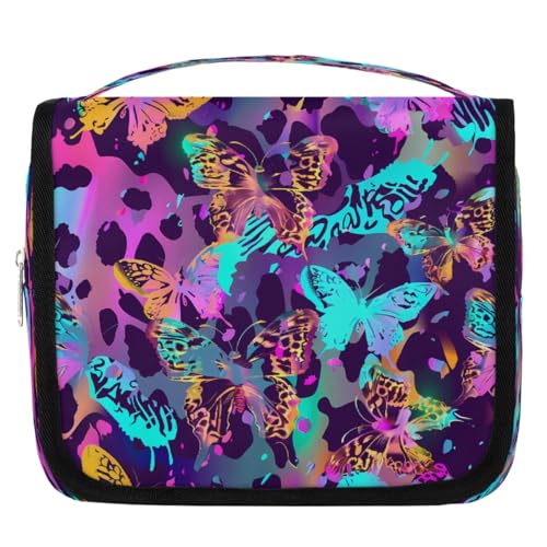Mexpekil Kulturbeutel mit Leopardenmuster, Schmetterling, für Damen, Herren, Damen, wasserdicht, zum Aufhängen, Reise-Kulturbeutel mit Haken, Kosmetiktasche von Mexpekil