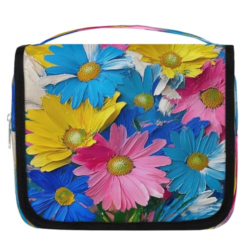 Mexpekil Kulturbeutel mit Ölgemälde, bunte Gänseblümchen, für Damen, Herren, Damen, wasserdicht, zum Aufhängen, Reise-Kulturbeutel mit Haken, Kosmetik-Make-up-Tasche von Mexpekil