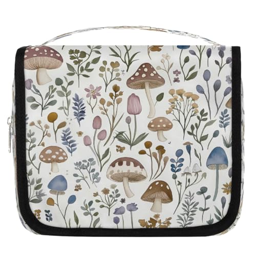 Mexpekil Kulturbeutel mit Pilz-Wildblumen-Motiv, für Damen, Herren, Damen, wasserdicht, zum Aufhängen, Reise-Kulturbeutel mit Haken, Kosmetik-Make-up-Tasche, Organizer von Mexpekil