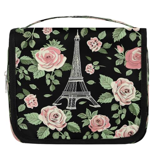 Mexpekil Kulturbeutel mit Rosenblüte, Eiffelturm, für Damen, Herren, Damen, wasserdicht, hängend, Reise-Kulturbeutel mit Haken, Kosmetik-Make-up-Tasche Organizer von Mexpekil