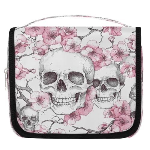 Mexpekil Kulturbeutel mit Totenkopf-Muster, Pink Cherry Blosoom für Damen, Herren, Damen, wasserdicht, hängende Reise-Kulturbeutel mit Haken, Kosmetik-Make-up-Tasche Organizer von Mexpekil