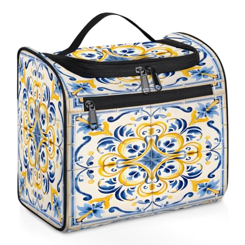 Mexpekil Kulturbeutel mit antikem Fliesenmuster, Blumenornament, zum Aufhängen, für Damen und Herren, groß, wasserdicht, Make-up, Kosmetik, Kulturbeutel für Reisen, mehrfarbig, 10.2 x 6.5 x 9.2 von Mexpekil
