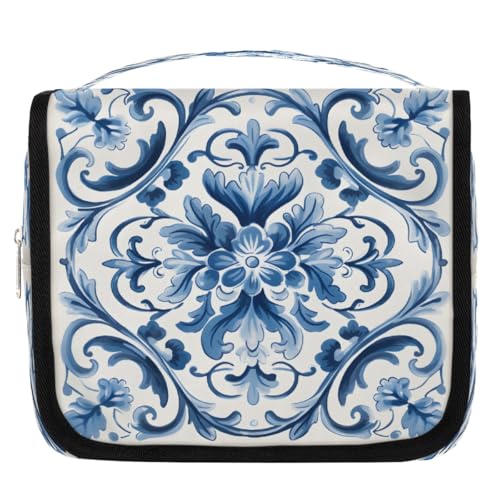 Mexpekil Kulturbeutel mit blauen Blumen und Paisleymuster, für Damen, Herren, Damen, wasserdicht, hängende Reise-Kulturbeutel mit Haken, Kosmetik-Make-up-Tasche Organizer von Mexpekil