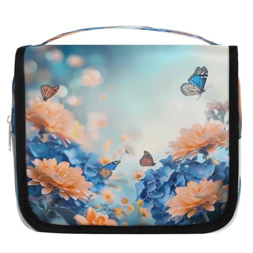 Mexpekil Kulturbeutel mit blauen Hortensien, Orange, Gänseblümchen, Schmetterling, für Damen, Herren, Damen, wasserdicht, hängende Reise-Kulturbeutel mit Haken, Kosmetik-Make-up-Tasche, Organizer Mexpekil Kulturbeutel mit blauen Hortensien, Orange, Gänseblümchen, Schmetterling, für Damen, Herren, Damen, wasserdicht, hängende Reise-Kulturbeutel mit Haken, Kosmetik-Make-up-Tasche, Organizer von Mexpekil