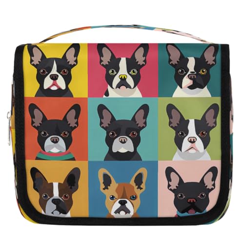 Mexpekil Kulturbeutel mit buntem französischem Bulldoggenkopf, für Damen, Herren, Damen, wasserdicht, zum Aufhängen, Reise-Kulturbeutel mit Haken, Kosmetiktasche von Mexpekil