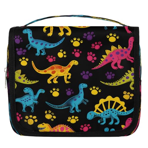 Mexpekil Kulturbeutel mit buntem tropischem Dinosaurierpfotenabdruck für Damen, Herren, Damen, wasserdicht, zum Aufhängen, Reise-Kulturbeutel mit Haken, Kosmetik-Make-up-Tasche von Mexpekil