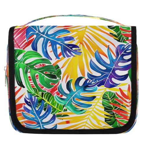 Mexpekil Kulturbeutel mit bunten tropischen Palmenblättern, für Damen, Herren, Damen, wasserdicht, zum Aufhängen, Reise-Kulturbeutel mit Haken, Kosmetiktasche von Mexpekil
