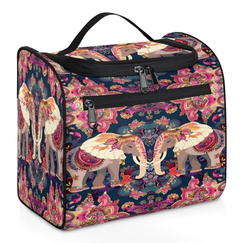 Mexpekil Kulturbeutel mit ethnischem Mandala-Blumen-Elefant, zum Aufhängen, für Damen und Herren, groß, wasserdicht, Make-up, Kosmetik, Kulturbeutel für Reisen, mehrfarbig, 10.2 x 6.5 x 9.2 inches, von Mexpekil
