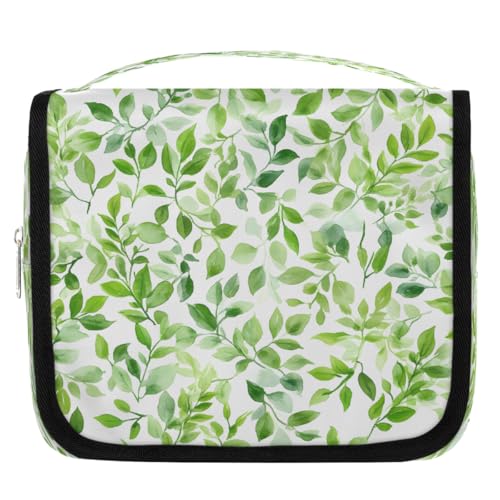 Mexpekil Kulturbeutel mit grünem Blättermuster, Wasserfarben, für Damen, Herren, Damen, wasserdicht, zum Aufhängen, Reise-Kulturbeutel mit Haken, Kosmetiktasche von Mexpekil