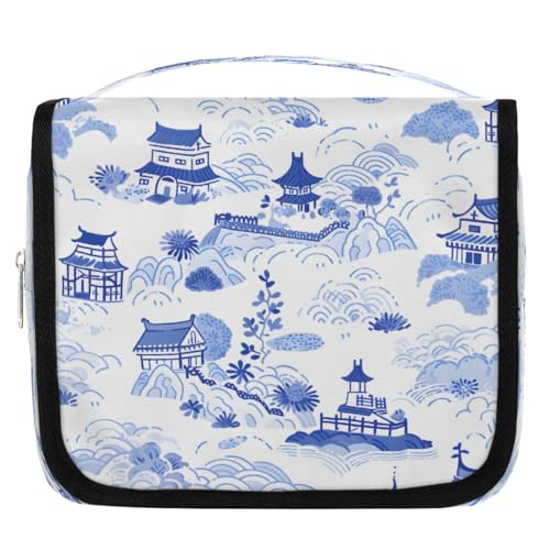 Mexpekil Kulturbeutel mit japanischer blauer Tinte für Damen, Herren, Damen, wasserdicht, hängende Reise-Kulturbeutel mit Haken, Kosmetik-Make-up-Tasche von Mexpekil