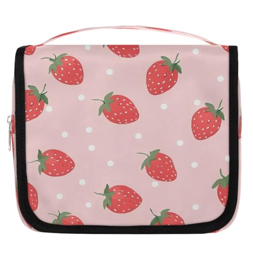 Mexpekil Kulturbeutel mit niedlichem Erdbeermotiv, für Damen, Herren, Damen, wasserdicht, zum Aufhängen, Reise-Kulturbeutel mit Haken, Kosmetiktasche von Mexpekil