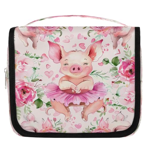 Mexpekil Kulturbeutel mit niedlichem Schwein, Tierrose, Blumenmuster, für Damen, Herren, Damen, wasserdicht, zum Aufhängen, Reise-Kulturbeutel mit Haken, Kosmetiktasche, Make-up-Tasche von Mexpekil