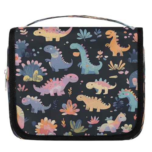 Mexpekil Kulturbeutel mit niedlichem buntem Dinosaurier-Blätter, für Damen, Herren, Damen, wasserdicht, zum Aufhängen, Reise-Kulturbeutel mit Haken, Kosmetiktasche von Mexpekil