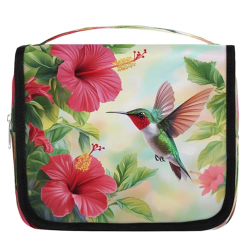 Mexpekil Kulturbeutel mit roten Blumenblättern, Kolibri, für Damen, Herren, Damen, wasserdicht, zum Aufhängen, Reise-Kulturbeutel mit Haken, Kosmetik-Make-up-Tasche, Organizer von Mexpekil