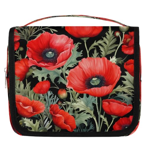 Mexpekil Kulturbeutel mit roten Mohnblumen, Blumenblättern, für Damen, Herren, Damen, wasserdicht, zum Aufhängen, Reise-Kulturbeutel mit Haken, Kosmetiktasche, Make-up-Tasche, Organizer von Mexpekil