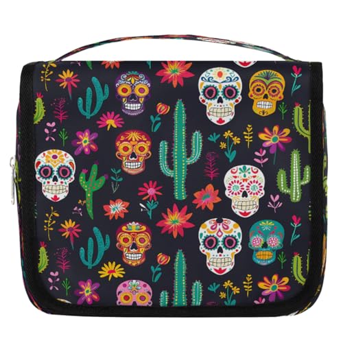 Mexpekil Kulturbeutel mit süßem Maxican Sugar Skull für Damen, Herren, Damen, wasserdicht, hängende Reise-Kulturbeutel mit Haken, Kosmetik-Make-up-Tasche von Mexpekil