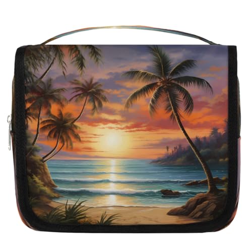 Mexpekil Kulturbeutel mit tropischer Palme am Strand, Sonnenuntergang, für Damen, Herren, Damen, wasserdicht, hängende Reise-Kulturbeutel mit Haken, Kosmetik-Make-up-Tasche Organizer von Mexpekil