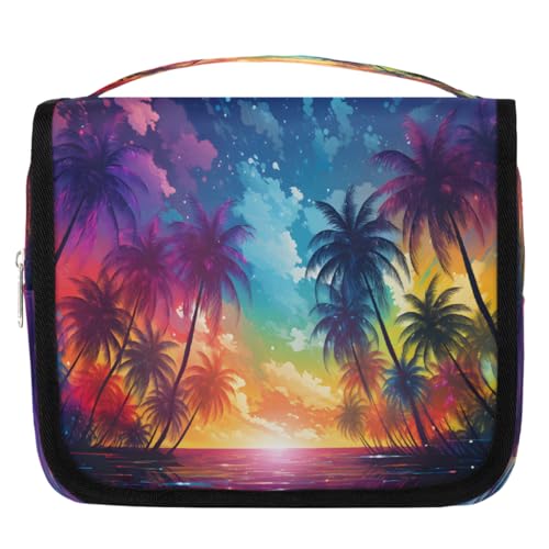 Mexpekil Kulturbeutel mit tropischer Palme in Regenbogenfarben, für Damen, Herren, Damen, wasserdicht, zum Aufhängen, Reise-Kulturbeutel mit Haken, Kosmetiktasche von Mexpekil