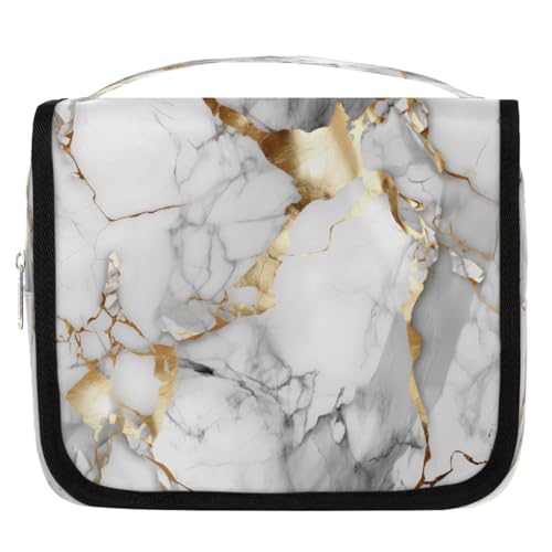 Mexpekil Kulturbeutel mit weißem goldenem Marmor-Muster, für Damen, Herren, Damen, wasserdicht, hängende Reise-Kulturbeutel mit Haken, Kosmetik-Make-up-Tasche Organizer von Mexpekil