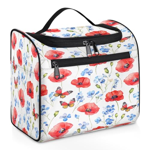 Mexpekil Kulturbeutel zum Aufhängen, Motiv: Blaue Blume, rote Mohnblumen, Schmetterlinge, für Damen und Herren, groß, wasserdicht, Make-up, Kosmetik, Kulturbeutel für Reisen, mehrfarbig, 10.2 x 6.5 x von Mexpekil