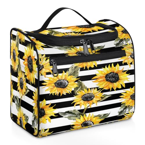Mexpekil Kulturbeutel zum Aufhängen, Motiv: Sonnenblumen, schwarz, gestreift, für Damen und Herren, groß, wasserdicht, Make-up, Kosmetik, Kulturbeutel für Reisen, mehrfarbig, 10.2 x 6.5 x 9.2 inches, von Mexpekil