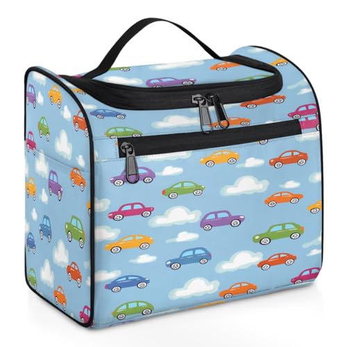 Mexpekil Kulturbeutel zum Aufhängen, Motiv: bunte Cartoon-Autos, für Damen und Herren, groß, wasserdicht, Make-up, Kosmetik, Kulturbeutel für Reisen, mehrfarbig, 10.2 x 6.5 x 9.2 inches, Kulturbeutel von Mexpekil