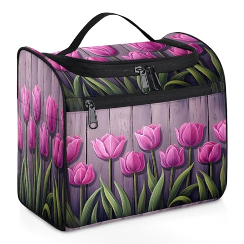 Mexpekil Kulturbeutel zum Aufhängen, Motiv: lila Tulpe mit Blumenmuster, für Damen und Herren, groß, wasserdicht, Make-up, Kosmetik, Kulturbeutel für Reisen, mehrfarbig, 10.2 x 6.5 x 9.2 inches, von Mexpekil