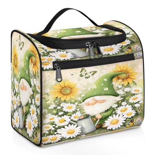 Mexpekil Kulturbeutel zum Aufhängen, Motiv: niedlicher grüner Zwerg, Gänseblümchen, Sonnenblume, für Damen und Herren, groß, wasserdicht, Make-up, Kosmetik, Kulturbeutel für Reisen, mehrfarbig, 10.2 x von Mexpekil