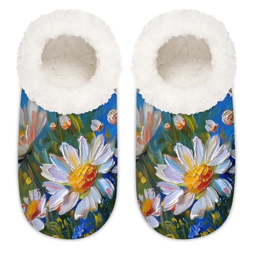Mexpekil Kunstmalerei Gänseblümchen Blumen Damen Hausschuhe Fuzzy House Slipper rutschfeste Schuhe für Damen Herren Damen, Kunstmalerei, Gänseblümchen, Blumen, XX-Large Breit von Mexpekil