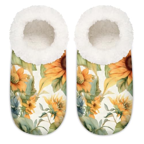 Mexpekil Kunstmalerei Sonnenblume Blumen Damen Hausschuhe Fuzzy House Slipper rutschfeste Schuhe für Damen Herren Damen, Kunstmalerei Sonnenblumen, Large von Mexpekil