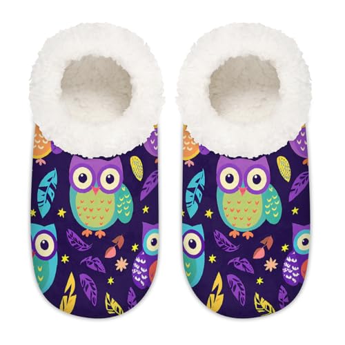 Mexpekil Lila Eule Vogel Blätter Damen Hausschuhe Fuzzy House Slipper rutschfeste Schuhe für Damen Herren Damen, Violette Eulen-Vogelblätter, Large von Mexpekil