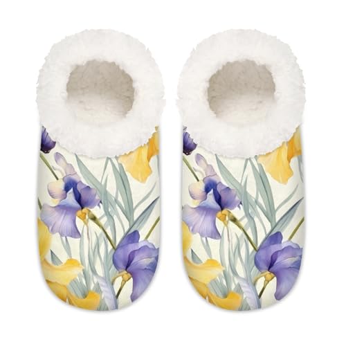 Mexpekil Lila Gelb Iris Blume Schmetterling Damen Hausschuhe Fuzzy House Slipper rutschfeste Schuhe für Damen Herren Damen, Lila-gelbe Irisblume, Schmetterling, Medium Breit von Mexpekil