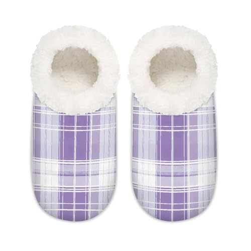 Mexpekil Lila Lavendel Weiß Karomuster Damen Hausschuhe Fuzzy House Slipper rutschfeste Schuhe für Damen Herren Damen, Violettes Lavendel-weißes Karomuster, Medium Breit von Mexpekil
