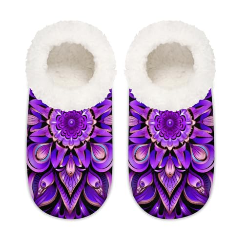 Mexpekil Lila Mandala Blume Floral Damen Hausschuhe Fuzzy House Slipper rutschfeste Schuhe für Damen Herren Damen, Lila Mandala-Blume, Medium Breit von Mexpekil