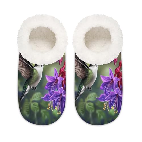 Mexpekil Lila Orchidee Blume Kolibri Damen Hausschuhe Fuzzy House Slipper rutschfeste Schuhe für Damen Herren Damen, Lila Orchidee Blume Kolibri, XX-Large Breit von Mexpekil
