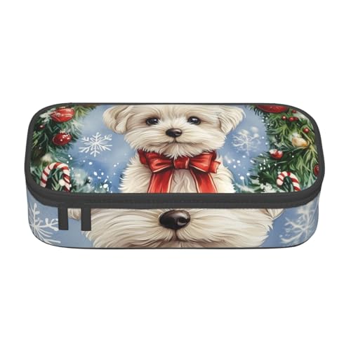 Mexpekil Merry Christmas Tree Socks Pattern Pencil Case for Girls Boys Pencil Bag Stationery Organizer with Compartments School Supply Bag for Students Office, Süßer weißer Welpe Weihnachten von Mexpekil