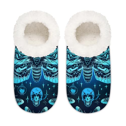 Mexpekil Mystical Gothic Totenkopf Schmetterling Damen Hausschuhe Fuzzy House Slipper rutschfeste Schuhe für Damen Herren Damen, Mystischer Gothic-Totenkopf-Schmetterling, Large von Mexpekil