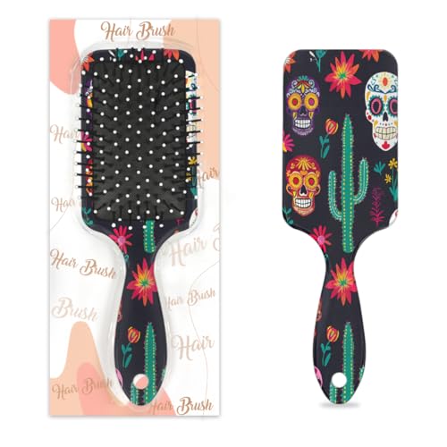 Mexpekil Niedliche Maxican Sugar Skull Entwirrungspaddel-Haarbürste, nasses, trockenes Haar, Massage-Luftkissen-Kamm für Mädchen, Damen, Herren von Mexpekil