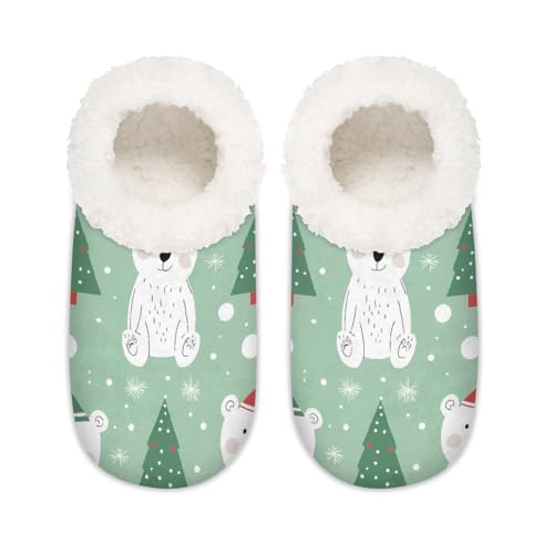 Mexpekil Niedlicher Bär Weihnachtsbaum Schnee Damen Hausschuhe Fuzzy House Slipper rutschfeste Schuhe für Damen Herren Damen, Süßer Bär Weihnachtsbaum Schnee, Large von Mexpekil