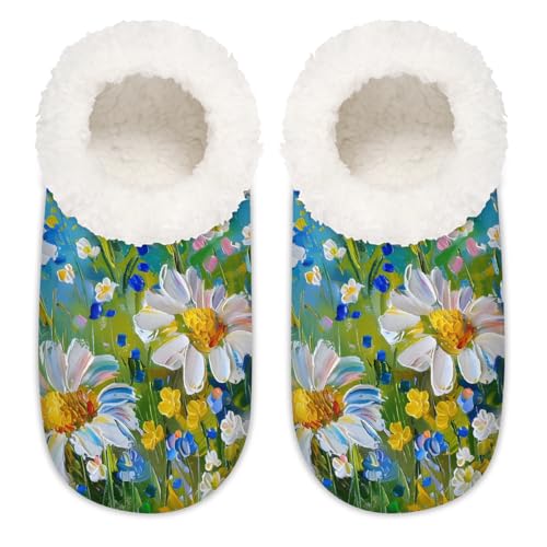 Mexpekil Ölgemälde Gänseblümchen Blume Damen Hausschuhe Fuzzy House Slipper rutschfeste Schuhe für Damen Herren Damen, Ölgemälde Gänseblümchen, XX-Large Breit von Mexpekil