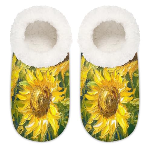 Mexpekil Ölgemälde Sonnenblume Damen Hausschuhe Fuzzy House Slipper rutschfeste Schuhe für Damen Herren Damen, Ölgemälde Sonnenblume, Medium Breit von Mexpekil