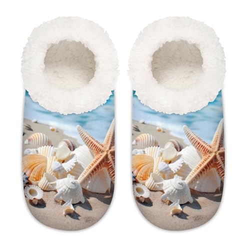 Mexpekil Ocean Beach Seestern Muschel Damen Hausschuhe Fuzzy House Slipper rutschfeste Schuhe für Damen Herren Damen, Ocean Beach Seestern Muschel, Large X-Large von Mexpekil