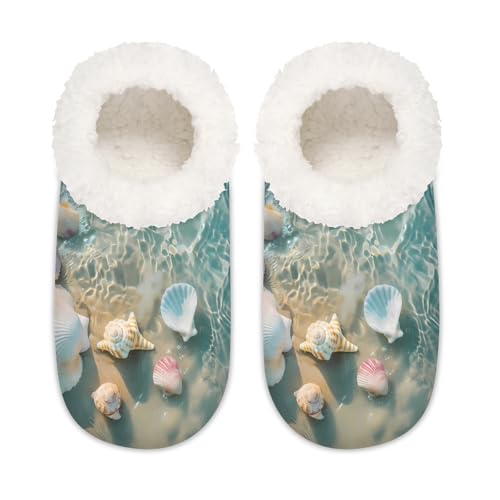 Mexpekil Ocean Sea Seestern Muschel Strand Damen Hausschuhe Fuzzy House Slipper rutschfeste Schuhe für Damen Herren Damen, Ozean, Seestern, Muschel, Strand, Large X-Large von Mexpekil