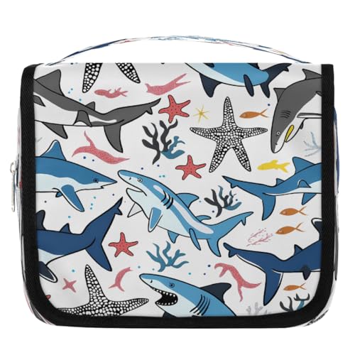 Mexpekil Ocean Sea Shark Seestern Coral Kulturbeutel für Damen Herren Damen, wasserdichte hängende Reise-Kulturbeutel mit Haken, Kosmetik-Make-up-Tasche Organizer Mexpekil Ocean Sea Shark Seestern Coral Kulturbeutel für Damen Herren Damen, wasserdichte hängende Reise-Kulturbeutel mit Haken, Kosmetik-Make-up-Tasche Organizer von Mexpekil