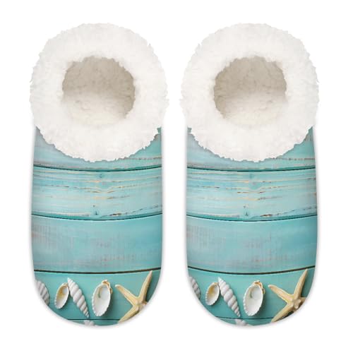 Mexpekil Ocean Seashell Seestern Blaugrün Holz Damen Hausschuhe Fuzzy House Slipper rutschfeste Schuhe für Damen Herren Damen, Ocean Seashell Seestern Blaugrün Holz, Medium Breit von Mexpekil