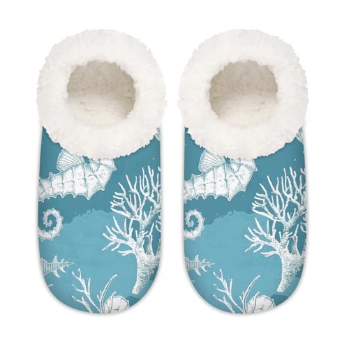 Mexpekil Ocean Seepferdchen Seestern Koralle Damen Hausschuhe Fuzzy House Slipper rutschfeste Schuhe für Damen Herren Damen, Ocean Seepferdchen Seestern Koralle, Large X-Large von Mexpekil