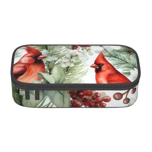 Mexpekil Pfauenfeder Blau Federmäppchen für Mädchen Jungen Federmäppchen Schreibwaren Organizer mit Fächern Schulbedarf Tasche für Studenten Büro, Weihnachts-Stechpalmenbaum mit roten Vögeln von Mexpekil