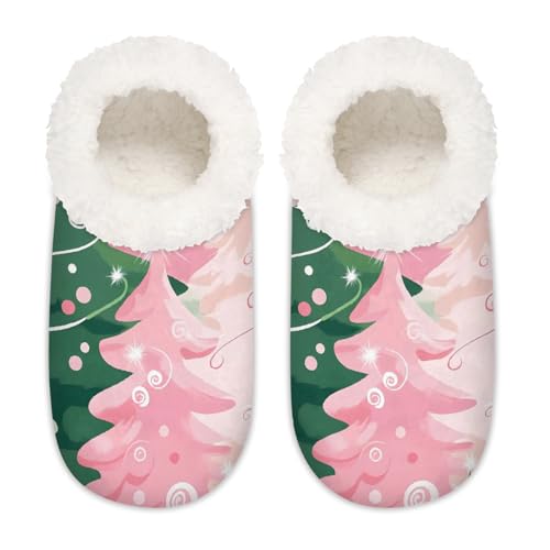 Mexpekil Pink-Grün bemalter Weihnachtsbaum, Damen-Hausschuhe, flauschige Hausschuhe, rutschfeste Schuhe für Damen, Herren, Rosa Grün lackierter Weihnachtsbaum, XX-Large Breit von Mexpekil