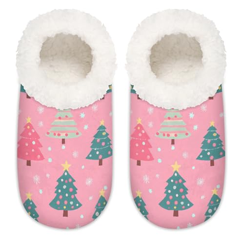 Mexpekil Pink-grüne Weihnachtsbaum-Hausschuhe für Damen, flauschige Hausschuhe, rutschfeste Schuhe für Damen und Herren, Rosa Grün Weihnachtsbaum Schnee, Medium Breit von Mexpekil