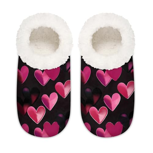 Mexpekil Pink-schwarze Damen-Hausschuhe mit Herzmotiv, rutschfest, für Damen und Herren, Rosa / Schwarz Liebesherz, Large von Mexpekil